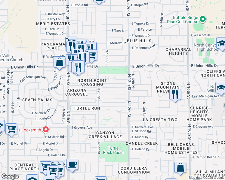 map of restaurants, bars, coffee shops, grocery stores, and more near 1018 East Bluefield Avenue in Phoenix