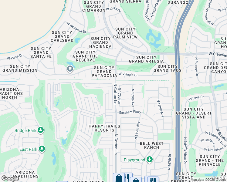 map of restaurants, bars, coffee shops, grocery stores, and more near 18460 North 170th Drive in Surprise