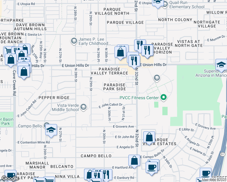 map of restaurants, bars, coffee shops, grocery stores, and more near 3018 East Villa Maria Drive in Phoenix