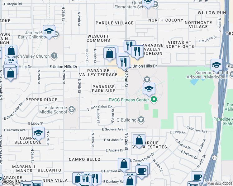 map of restaurants, bars, coffee shops, grocery stores, and more near 18217 North 31st Street in Phoenix