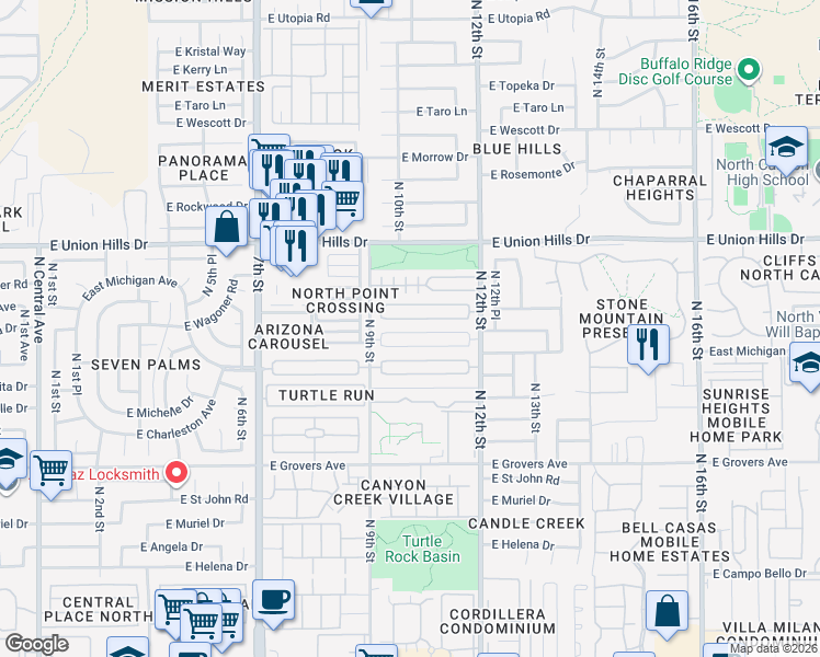map of restaurants, bars, coffee shops, grocery stores, and more near 1002 East Villa Maria Drive in Phoenix