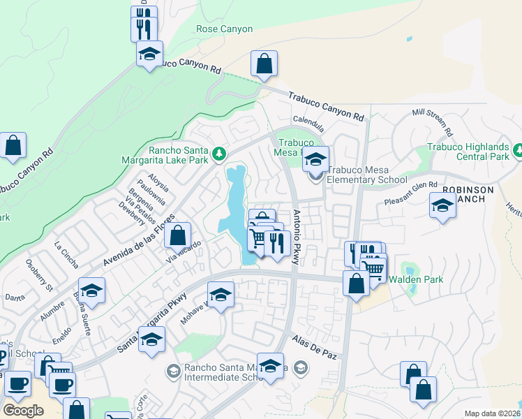 map of restaurants, bars, coffee shops, grocery stores, and more near 47 Calle Melinda in Rancho Santa Margarita