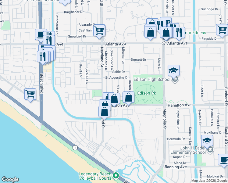 map of restaurants, bars, coffee shops, grocery stores, and more near 21372 Sand Dollar Lane in Huntington Beach