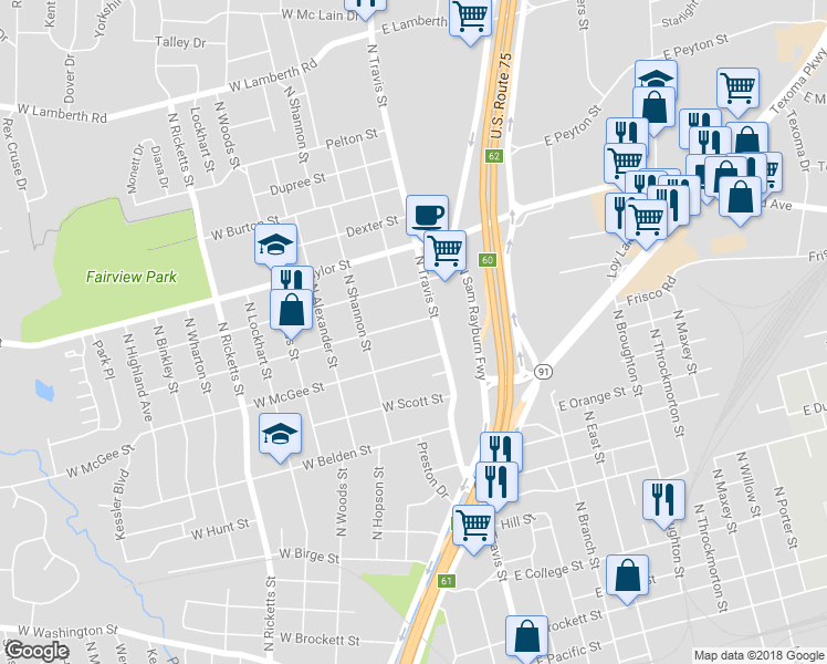 map of restaurants, bars, coffee shops, grocery stores, and more near 118 West Texas Street in Sherman
