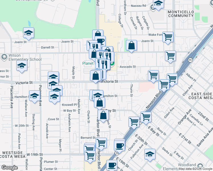 map of restaurants, bars, coffee shops, grocery stores, and more near 2145 Parsons Street in Costa Mesa
