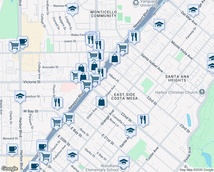 map of restaurants, bars, coffee shops, grocery stores, and more near 121 Cecil Place in Costa Mesa