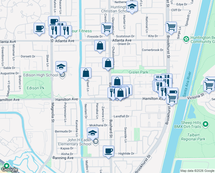 map of restaurants, bars, coffee shops, grocery stores, and more near 9452 Waterfront Drive in Huntington Beach