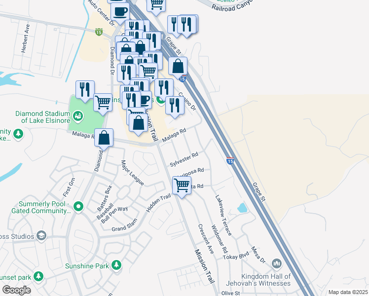 map of restaurants, bars, coffee shops, grocery stores, and more near 32369 Valley View Avenue in Lake Elsinore