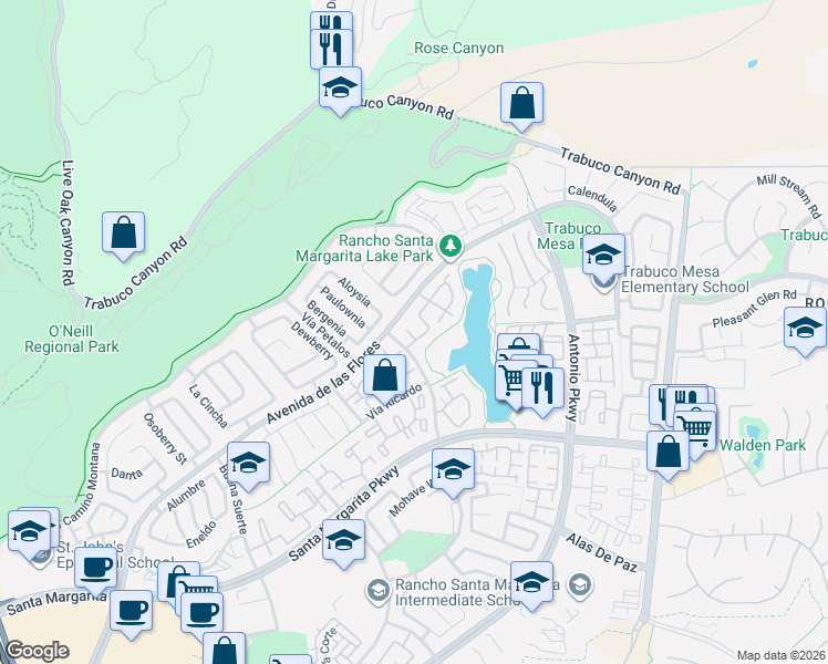 map of restaurants, bars, coffee shops, grocery stores, and more near 2 Mirabella in Rancho Santa Margarita