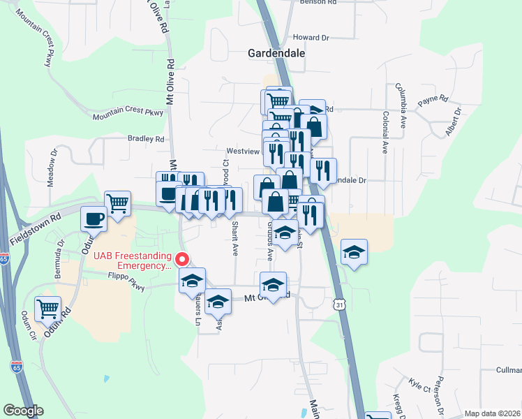 map of restaurants, bars, coffee shops, grocery stores, and more near 308 Fieldstown Road in Gardendale