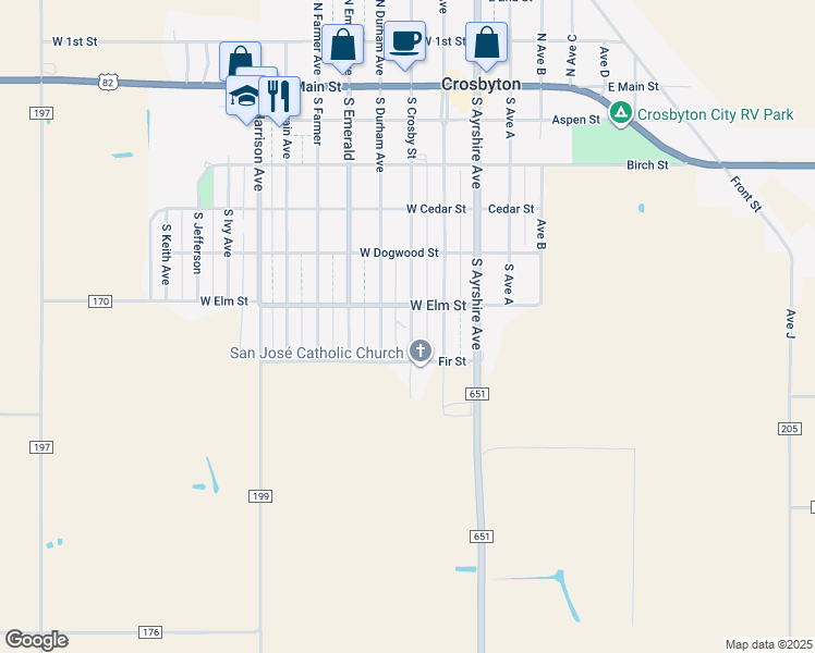 map of restaurants, bars, coffee shops, grocery stores, and more near 604 South Crosby Street in Crosbyton
