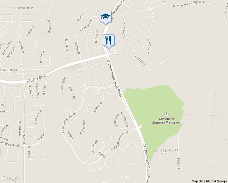 map of restaurants, bars, coffee shops, grocery stores, and more near North Thompson Peak Parkway in Scottsdale