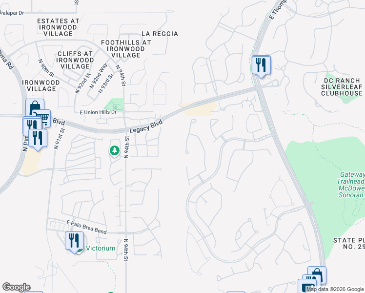 map of restaurants, bars, coffee shops, grocery stores, and more near 18425 North 96th Way in Scottsdale