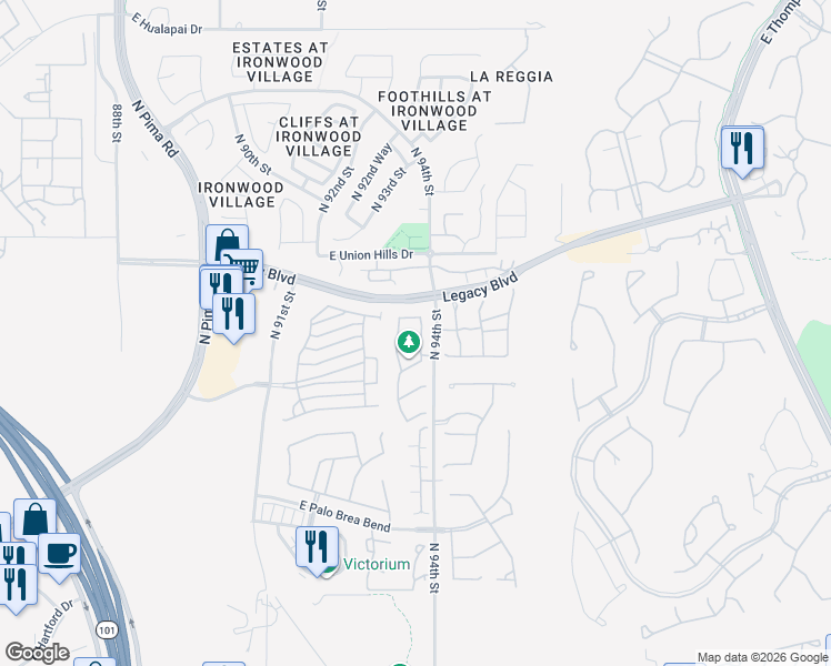 map of restaurants, bars, coffee shops, grocery stores, and more near 18386 North 93rd Way in Scottsdale
