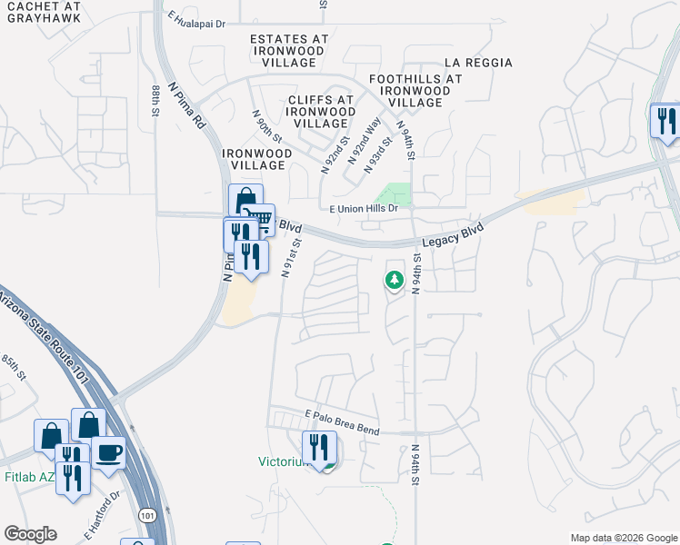 map of restaurants, bars, coffee shops, grocery stores, and more near 9285 East Western Saddle Way in Scottsdale