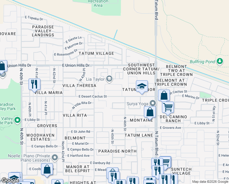 map of restaurants, bars, coffee shops, grocery stores, and more near 4548 East Villa Maria Drive in Phoenix