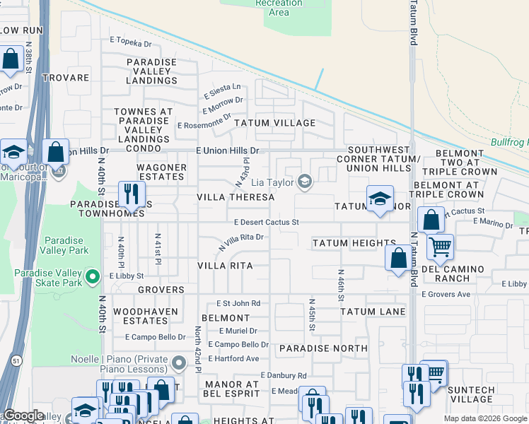 map of restaurants, bars, coffee shops, grocery stores, and more near 4358 East Villa Maria Drive in Phoenix
