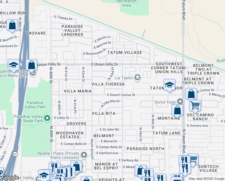 map of restaurants, bars, coffee shops, grocery stores, and more near 4358 East Villa Maria Drive in Phoenix