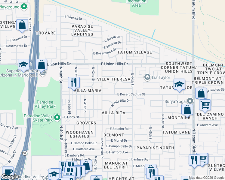 map of restaurants, bars, coffee shops, grocery stores, and more near 4322 East Villa Maria Drive in Phoenix