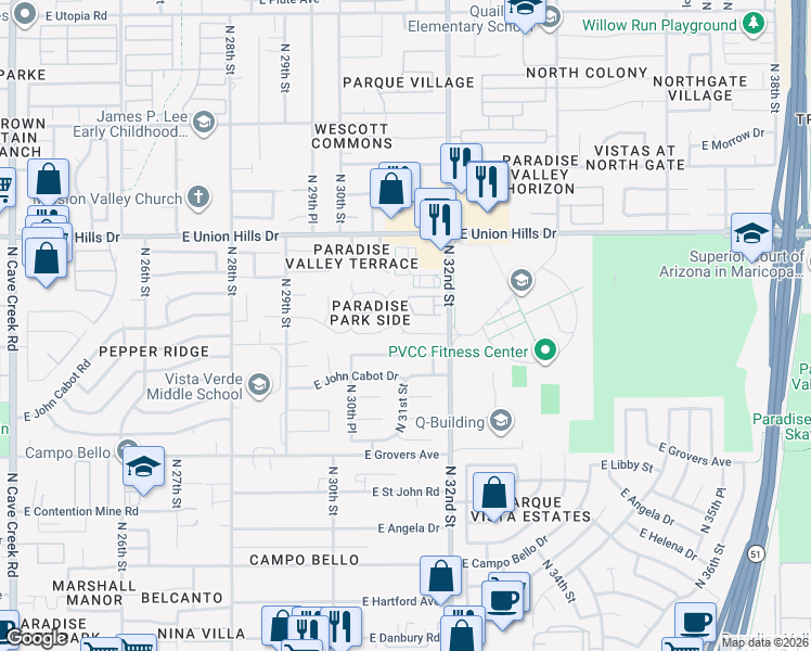 map of restaurants, bars, coffee shops, grocery stores, and more near 18217 North 31st Street in Phoenix