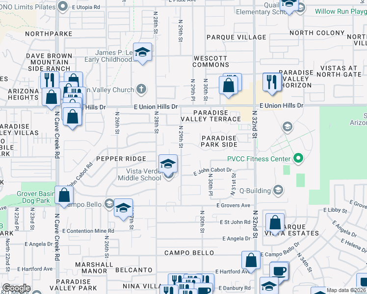 map of restaurants, bars, coffee shops, grocery stores, and more near 2855 North 29th Street in Phoenix