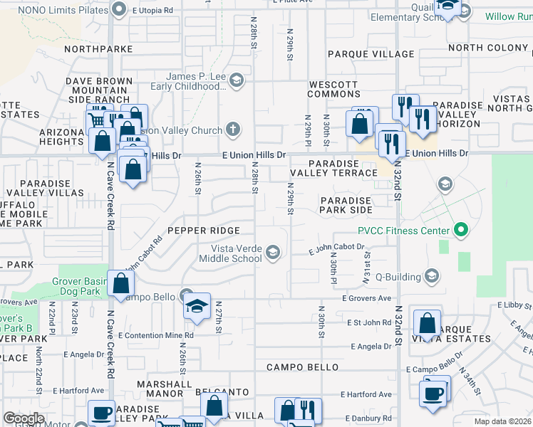 map of restaurants, bars, coffee shops, grocery stores, and more near 18309 North 28th Place in Phoenix