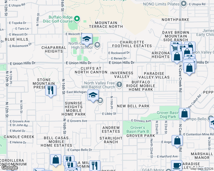 map of restaurants, bars, coffee shops, grocery stores, and more near 1833 East Bluefield Avenue in Phoenix