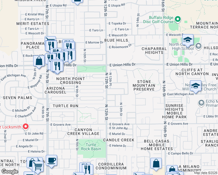map of restaurants, bars, coffee shops, grocery stores, and more near 1223 East Bluefield Avenue in Phoenix