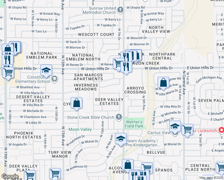 map of restaurants, bars, coffee shops, grocery stores, and more near 809 West Bluefield Avenue in Phoenix