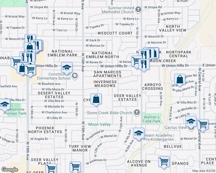 map of restaurants, bars, coffee shops, grocery stores, and more near 18243 North 11th Drive in Phoenix