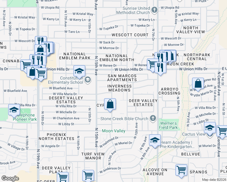 map of restaurants, bars, coffee shops, grocery stores, and more near 1214 West Rose Marie Lane in Phoenix