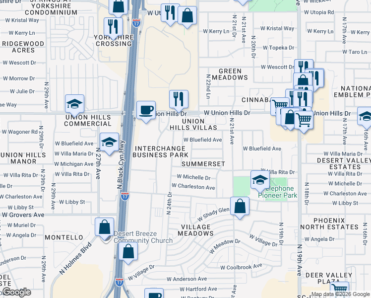 map of restaurants, bars, coffee shops, grocery stores, and more near 18224 North 24th Avenue in Phoenix