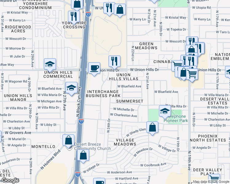 map of restaurants, bars, coffee shops, grocery stores, and more near 18224 North 24th Avenue in Phoenix