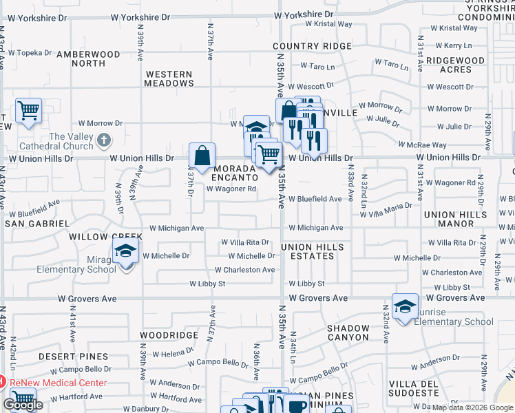 map of restaurants, bars, coffee shops, grocery stores, and more near 3522 West Bluefield Avenue in Glendale