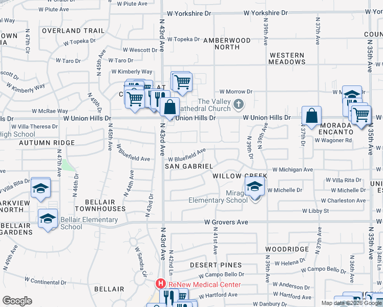 map of restaurants, bars, coffee shops, grocery stores, and more near 18233 North 41st Lane in Glendale