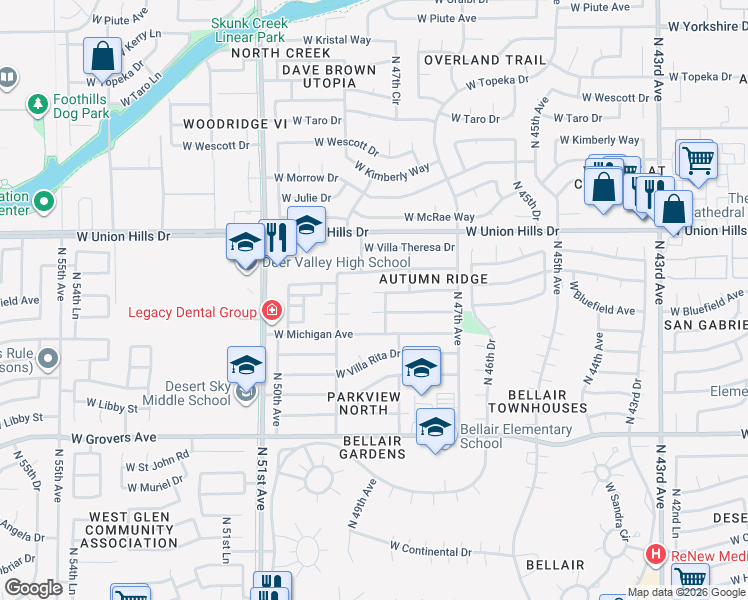 map of restaurants, bars, coffee shops, grocery stores, and more near 4820 West Bluefield Avenue in Glendale