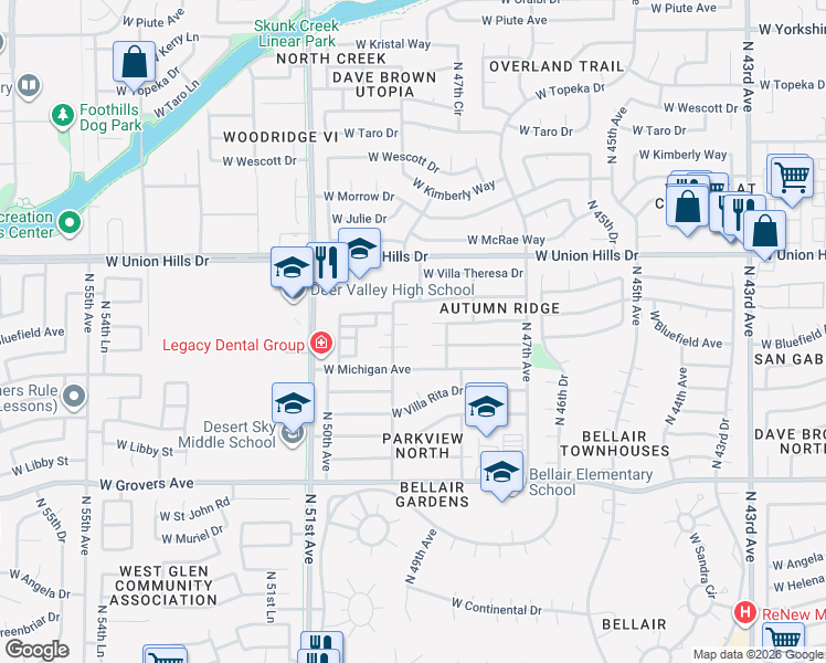 map of restaurants, bars, coffee shops, grocery stores, and more near 4918 West Bluefield Avenue in Glendale