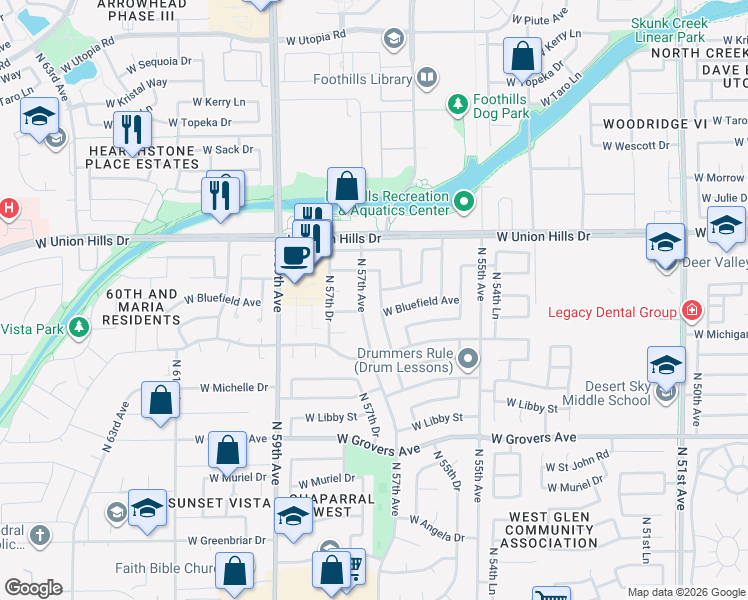 map of restaurants, bars, coffee shops, grocery stores, and more near 18420 North 56th Lane in Glendale
