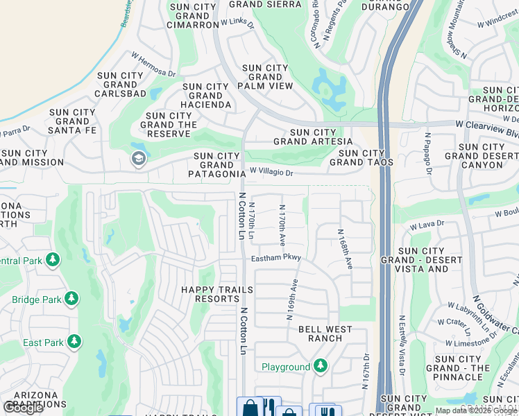 map of restaurants, bars, coffee shops, grocery stores, and more near 17027 West Northampton Road in Surprise