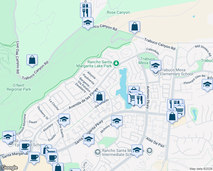 map of restaurants, bars, coffee shops, grocery stores, and more near 8 Alisma in Rancho Santa Margarita