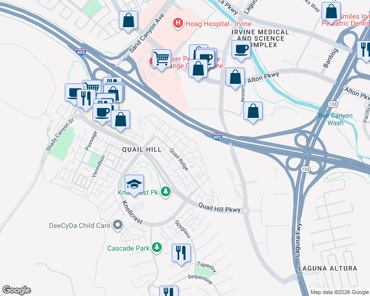 map of restaurants, bars, coffee shops, grocery stores, and more near San Diego Fwy in Irvine