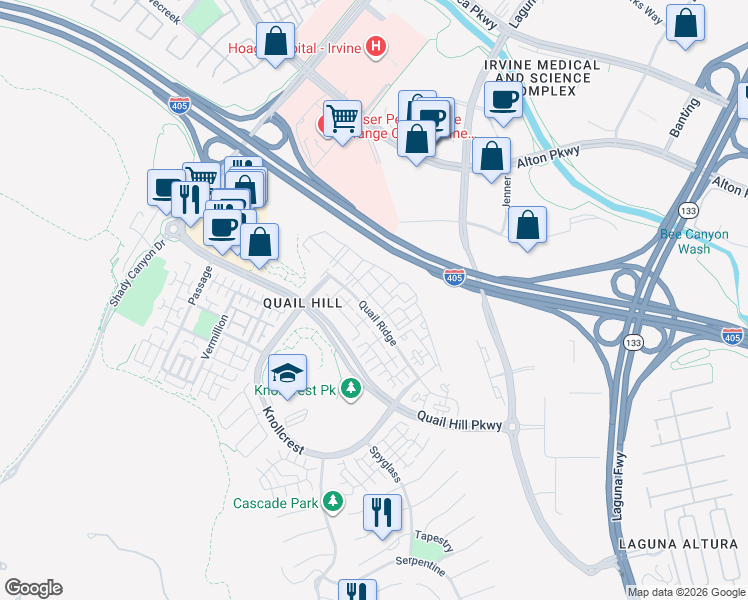 map of restaurants, bars, coffee shops, grocery stores, and more near 430 Quail Meadow in Irvine