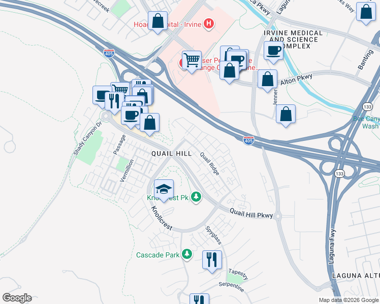 map of restaurants, bars, coffee shops, grocery stores, and more near in Irvine