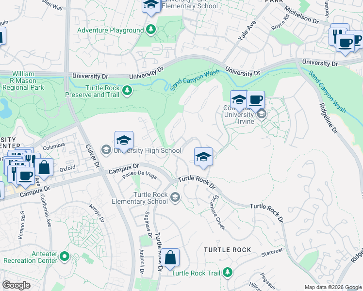 map of restaurants, bars, coffee shops, grocery stores, and more near 15 Rocky Knoll in Irvine
