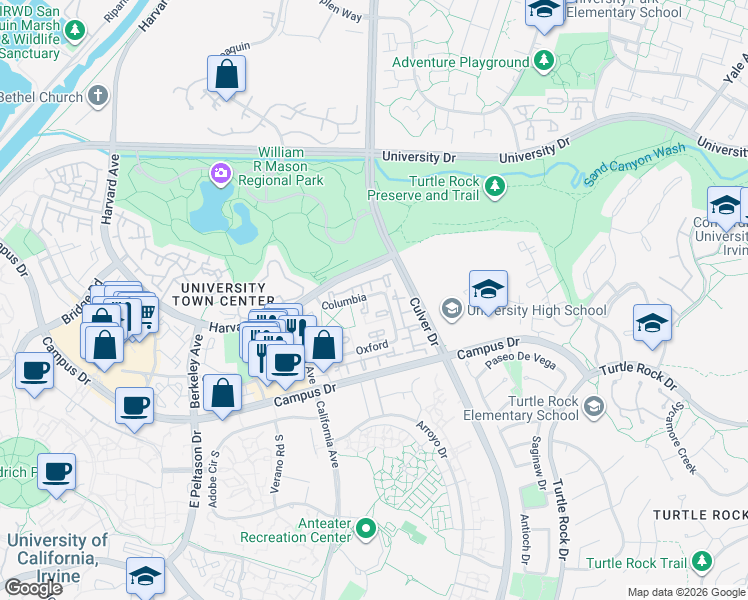 map of restaurants, bars, coffee shops, grocery stores, and more near 21 Georgetown in Irvine