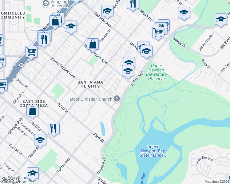 map of restaurants, bars, coffee shops, grocery stores, and more near 2448 Marseilles Way in Costa Mesa
