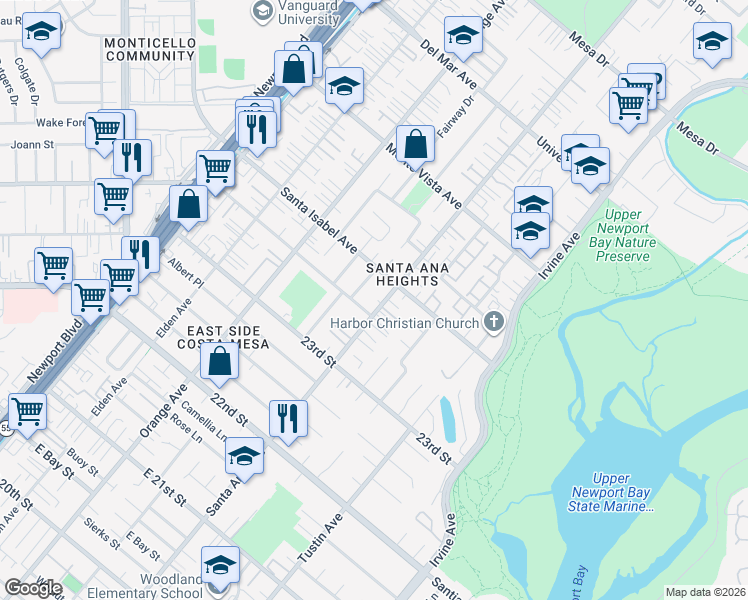 map of restaurants, bars, coffee shops, grocery stores, and more near 2385 Santa Ana Avenue in Costa Mesa