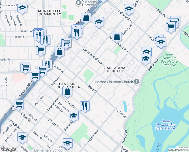 map of restaurants, bars, coffee shops, grocery stores, and more near 259 East Wilson Street in Costa Mesa