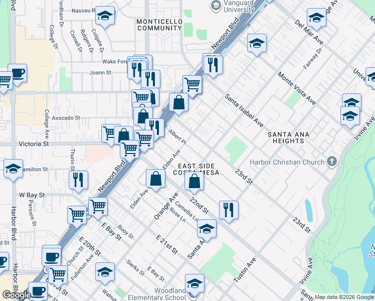 map of restaurants, bars, coffee shops, grocery stores, and more near 151 Albert Place in Costa Mesa