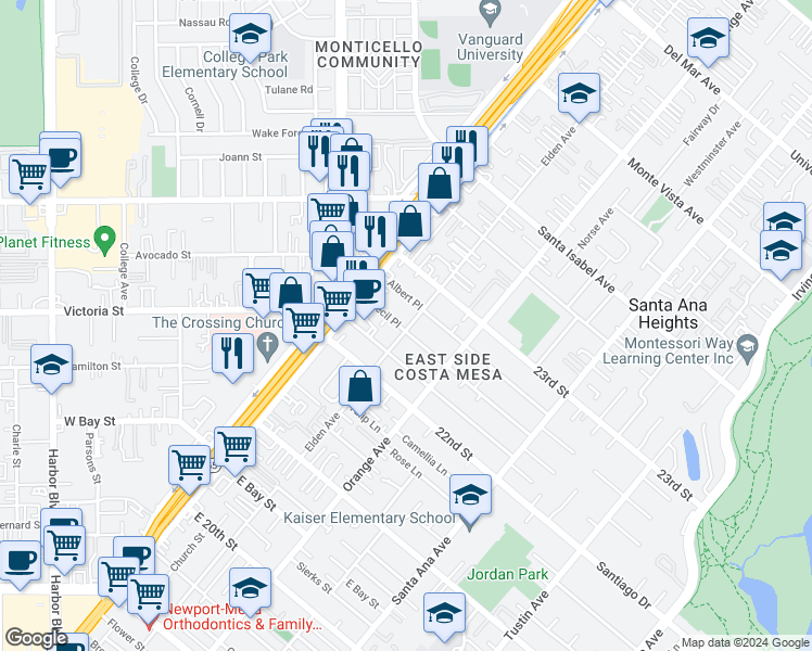 map of restaurants, bars, coffee shops, grocery stores, and more near 151 Albert Place in Costa Mesa